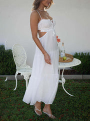 Inrosy longue robe bohème découpes mousseline à volantée bustier dos nu à fines brides sans manches femme décontracté de plage