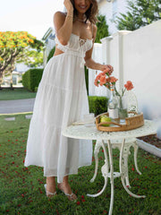 Inrosy longue robe bohème découpes mousseline à volantée bustier dos nu à fines brides sans manches femme décontracté de plage