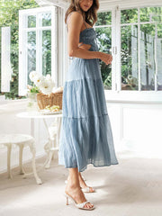 Inrosy longue robe bohème découpes mousseline à volantée bustier dos nu à fines brides sans manches femme décontracté de plage