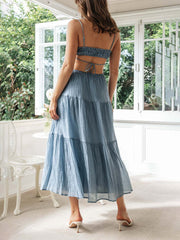 Inrosy longue robe bohème découpes mousseline à volantée bustier dos nu à fines brides sans manches femme décontracté de plage