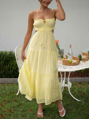 Inrosy longue robe bohème découpes mousseline à volantée bustier dos nu à fines brides sans manches femme décontracté de plage