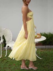 Inrosy longue robe bohème découpes mousseline à volantée bustier dos nu à fines brides sans manches femme décontracté de plage