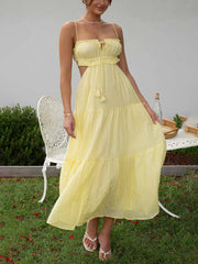 Inrosy longue robe bohème découpes mousseline à volantée bustier dos nu à fines brides sans manches femme décontracté de plage