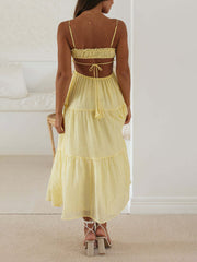 Inrosy longue robe bohème découpes mousseline à volantée bustier dos nu à fines brides sans manches femme décontracté de plage