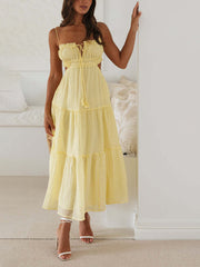 Inrosy longue robe bohème découpes mousseline à volantée bustier dos nu à fines brides sans manches femme décontracté de plage