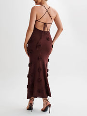 Inrosy robe longue moulante fleurs v-cou avec à lacets dos nu à fines brides sans manches femme élégant mode de soirée de plage