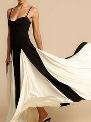 Inrosy robe longue blanc noir couleur bloc v-cou plissé à fines brides sans manches femme élégant décontracté de soirée pour mariage