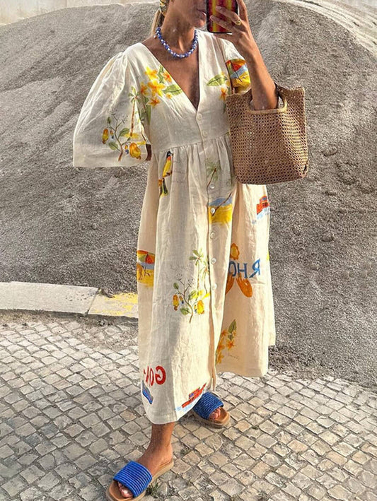 Inrosy robe longue en lin imprimé unique v-cou boutonnage manches bouffantes manches courtes femme décontracté lâche casual d'été