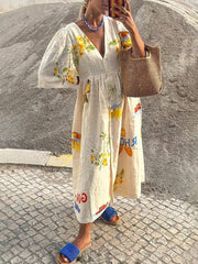 Inrosy robe longue en lin imprimé unique v-cou boutonnage manches bouffantes manches courtes femme décontracté lâche casual d'été