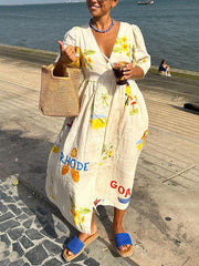 Inrosy robe longue en lin imprimé unique v-cou boutonnage manches bouffantes manches courtes femme décontracté lâche casual d'été