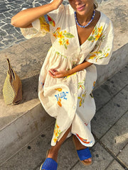 Inrosy robe longue en lin imprimé unique v-cou boutonnage manches bouffantes manches courtes femme décontracté lâche casual d'été