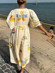 Inrosy robe longue en lin imprimé unique v-cou boutonnage manches bouffantes manches courtes femme décontracté lâche casual d'été