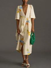 Inrosy robe longue en lin imprimé unique v-cou boutonnage manches bouffantes manches courtes femme décontracté lâche casual d'été