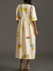 Inrosy robe longue en lin imprimé unique v-cou boutonnage manches bouffantes manches courtes femme décontracté lâche casual d'été