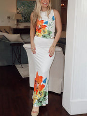 Inrosy ensemble robe moulante imprimé à fleurie col rond sans manches cropped longue jupe crayon femme élégant décontracté deux pièces