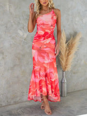 Inrosy robe longue moulante imprimé à fleurie swallowtail une épaule sans manches femme élégant décontracté de soirée de plage