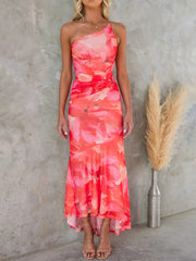 Inrosy robe longue moulante imprimé à fleurie swallowtail une épaule sans manches femme élégant décontracté de soirée de plage