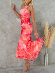 Inrosy robe longue moulante imprimé à fleurie swallowtail une épaule sans manches femme élégant décontracté de soirée de plage