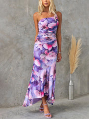 Inrosy robe longue moulante imprimé à fleurie swallowtail une épaule sans manches femme élégant décontracté de soirée de plage