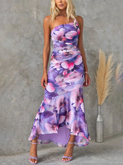 Inrosy robe longue moulante imprimé à fleurie swallowtail une épaule sans manches femme élégant décontracté de soirée de plage