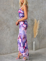 Inrosy robe longue moulante imprimé à fleurie swallowtail une épaule sans manches femme élégant décontracté de soirée de plage