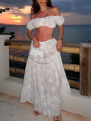 Inrosy robe deux pièces dentelle broderie anglaise col bateau à volantée longue jupe femme décontracté de soirée plage