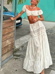 Inrosy robe deux pièces dentelle broderie anglaise col bateau à volantée longue jupe femme décontracté de soirée plage