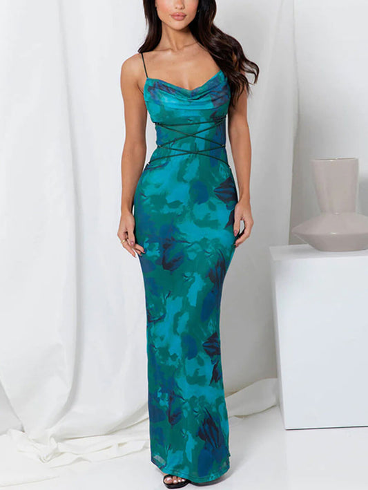 Inrosy robe longue moulante imprimé à fleurie avec à lacets dos nu à fines brides femme sans manches élégant de soirée bal masqué plage