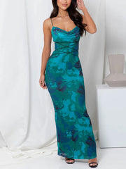 Inrosy robe longue moulante imprimé à fleurie avec à lacets dos nu à fines brides femme sans manches élégant de soirée bal masqué plage