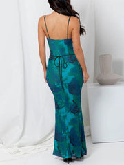 Inrosy robe longue moulante imprimé à fleurie avec à lacets dos nu à fines brides femme sans manches élégant de soirée bal masqué plage