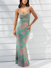 Inrosy robe longue moulante imprimé à fleurie avec à lacets dos nu à fines brides femme sans manches élégant de soirée bal masqué plage