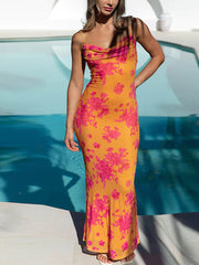 Inrosy robe longue moulante imprimé à fleurie avec à lacets dos nu à fines brides femme sans manches élégant de soirée bal masqué plage