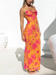 Inrosy robe longue moulante imprimé à fleurie avec à lacets dos nu à fines brides femme sans manches élégant de soirée bal masqué plage