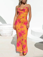 Inrosy robe longue moulante imprimé à fleurie avec à lacets dos nu à fines brides femme sans manches élégant de soirée bal masqué plage