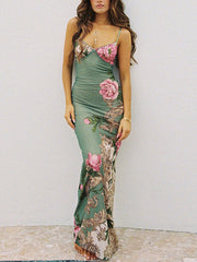 Inrosy robe longue moulante v-cou imprimé à fleurie dos nu à fines brides sans manches femme mode de soirée de plage