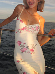Inrosy robe longue moulante v-cou imprimé à fleurie dos nu à fines brides sans manches femme mode de soirée de plage