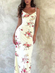 Inrosy robe longue moulante v-cou imprimé à fleurie dos nu à fines brides sans manches femme mode de soirée de plage