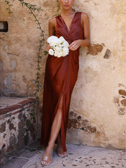 Inrosy robe demoiselle d'honneur en satin v-cou fendu nœud sans manches femme élégant de soirée pour mariage champetre