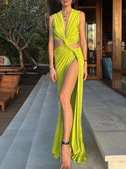 Inrosy robe longue v-cou décolleté plongeant irrégulière découpes fendu le côté nœud sans manches femme décontracté de plage