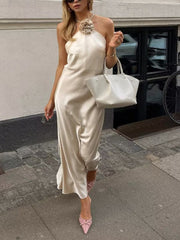 Inrosy robe longue en satin appliques dos nu licou sans manches femme élégant décontracté invité mariage de cocktail plage