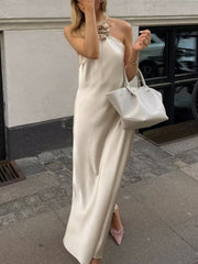 Inrosy robe longue en satin appliques dos nu licou sans manches femme élégant décontracté invité mariage de cocktail plage