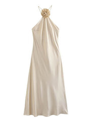 Inrosy robe longue en satin appliques dos nu licou sans manches femme élégant décontracté invité mariage de cocktail plage