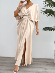 Inrosy robe longue unicolore v-cou fendu le côté décolleté dos manches chauve souris femme élégant décontracté de plage