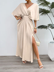 Inrosy robe longue unicolore v-cou fendu le côté décolleté dos manches chauve souris femme élégant décontracté de plage