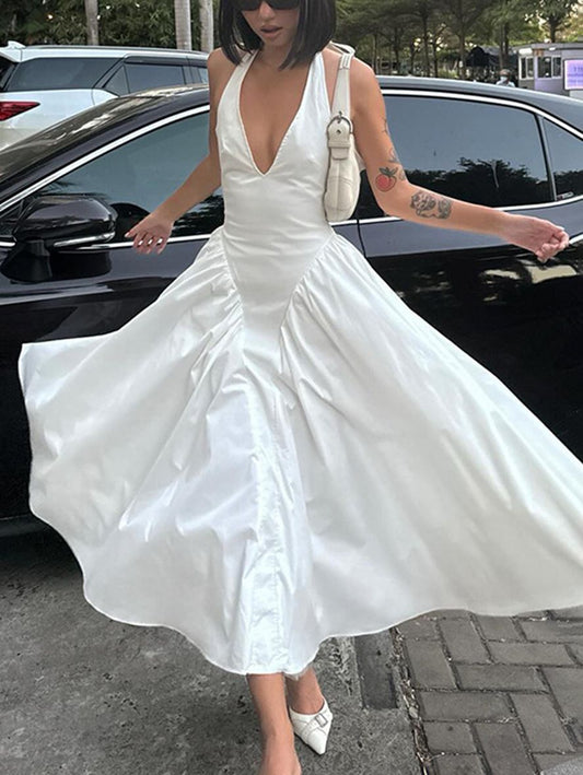 Inrosy longue robe trapèze moulante licou à volantée dos nu femme élégant décontracté de soirée pour mariage promo