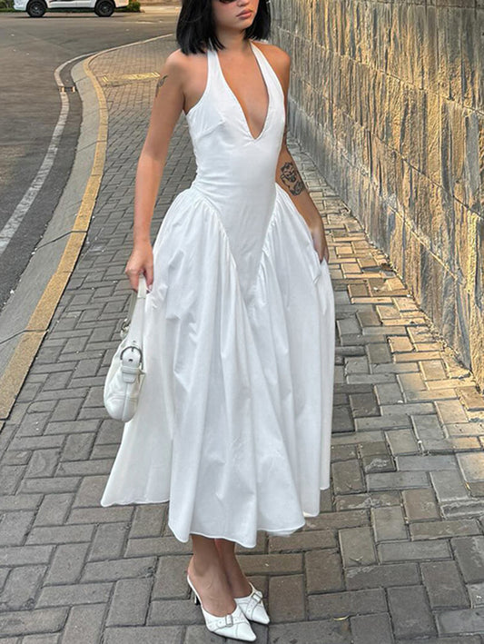 Inrosy longue robe trapèze moulante licou à volantée dos nu femme élégant décontracté de soirée pour mariage promo