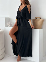 Inrosy robe longue v-coudécoupes fendu le côté nœud décolleté dos épaules fendues femme élégant mode de plage