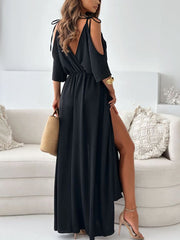 Inrosy robe longue v-coudécoupes fendu le côté nœud décolleté dos épaules fendues femme élégant mode de plage