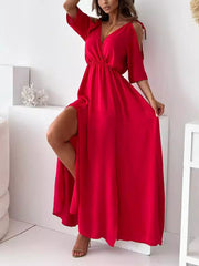 Inrosy robe longue v-coudécoupes fendu le côté nœud décolleté dos épaules fendues femme élégant mode de plage