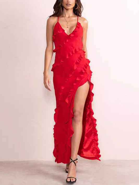 Inrosy robe longue v-cou fendu le côté à volantée dos nu à fines brides sans manches femme élégant de soirée champetre bal de promo